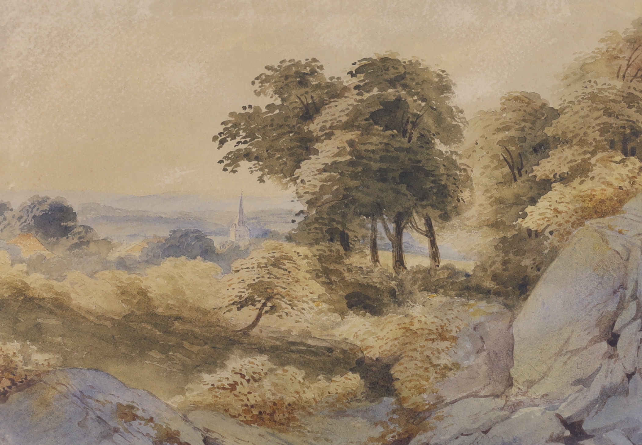 Late 19th / early 20th century English School, pair of watercolours, Landscapes before church spires, 22 x 32cm